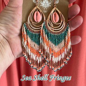 Rose Gold Handmade Beaded Earrings Long Fringe Sea Shell Dangles New!
